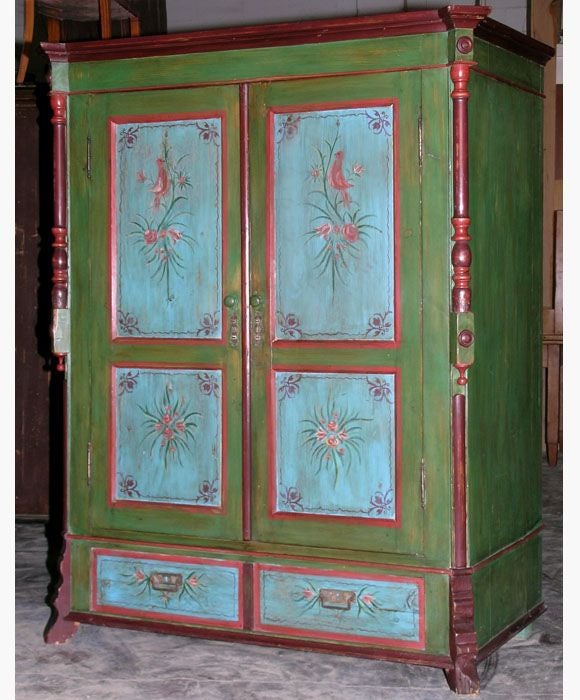 Unique armoire with painted folk art design. We can modify shelving for any purpose.<br />
<br />
More images available upon request.