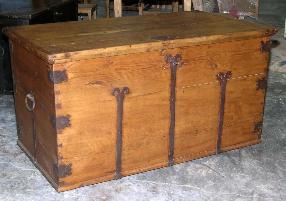Substantial dowry chest with great hardware and interior candle box. Original lock still works! Very nice original chest.
