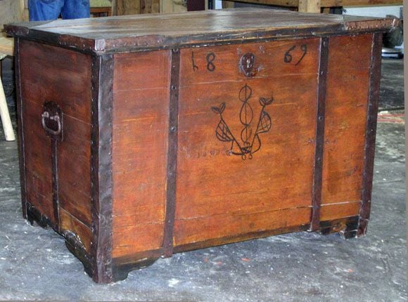 Dowry chest in original paint dated 1869 to celebrate wedding. Great hardware! Interior candle box.
