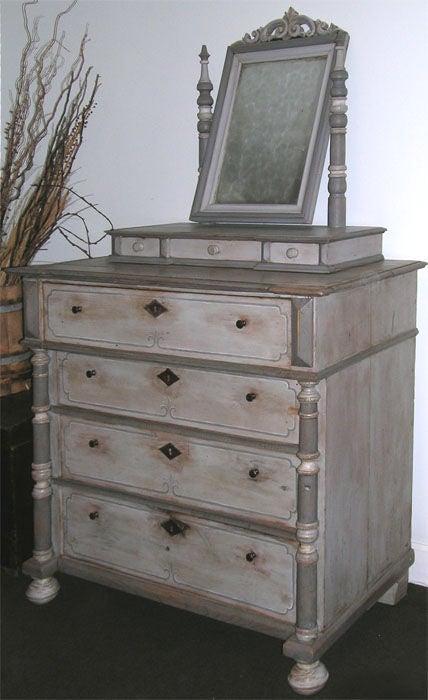 Chest of drawers with vanity mirror in birch. The Gustavian gray painted finish has a nicely worn patina. Chest has four spacious drawers; the separate mirror stand has three small drawers.

More detailed pictures available by request. 