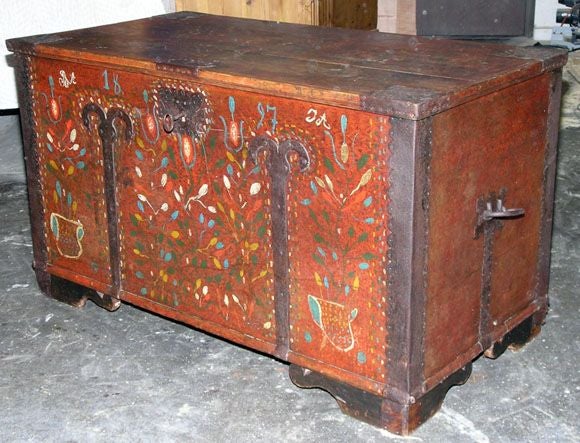 Folk Art Painted Hope Chest, Blanket Box, Dowry Chest
