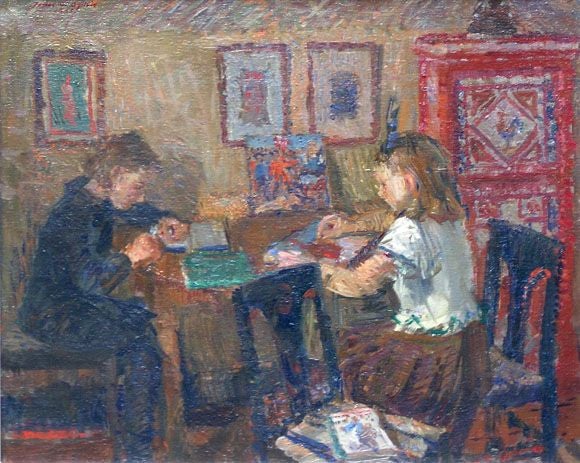 Girls at the Table, dated 1945. Signed James G. Ogilvie. <br />
<br />
James Gordon Ogilvie (1901-1972) is a listed artist, well-known for his genre paintings and landscapes. Educated at the Royal Academy of Fine Arts in Copenhagen 1920-27. Study
