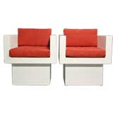 Pair of square white pedestal chairs with red suede cushions