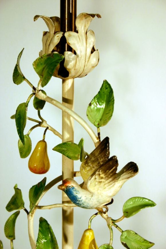 Pair of Italian tole table lamps with bird, fruit and tree motif 2