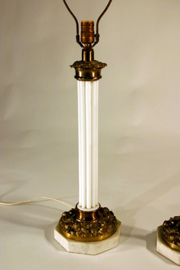 Vitrolite and brass white column lamps