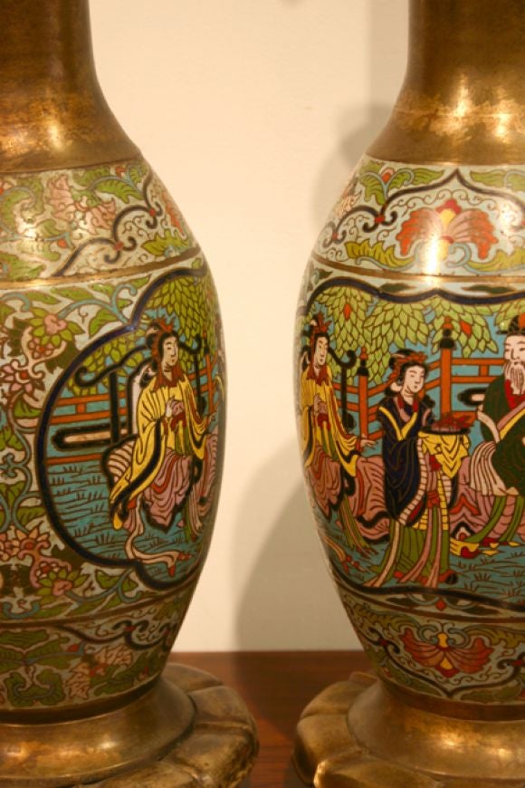 20th Century Pair of cloisonne enamel chinese lamps for Marbro