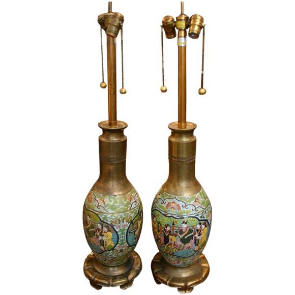 Pair of cloisonne enamel chinese lamps for Marbro