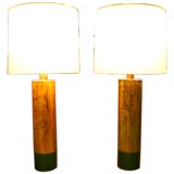 Pair of aged copper and leather cylindrical lamps by Laurel