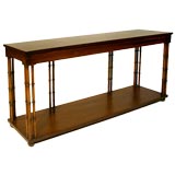 Faux-bamboo console table with burled wood parquet top by Baker
