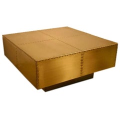 1970's square brass coffee table with brass rivets