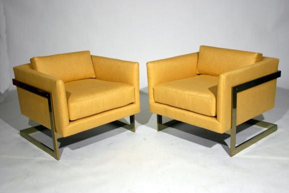 Pair of square brass club chairs by Milo Baughman