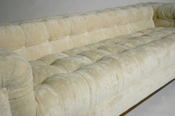 American Dunbar tufted chenille sofa with mahogany plinth base