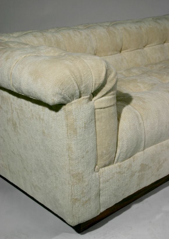 Dunbar tufted chenille sofa with mahogany plinth base 2