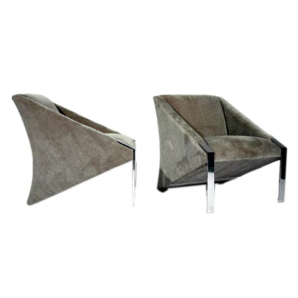 Pair of triangular shaped lounge chairs by Milo Baughman