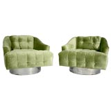 Pair of green velvet chrome base swivel chairs by Milo Baughman