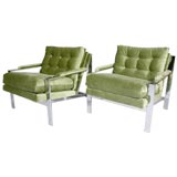 Milo Baughman flatbar chrome green velvet chairs