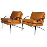 Paul Tuttle tan leather "Arco" chrome lounge chairs