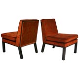 Pair of red printed velvet wood framed slipper chairs