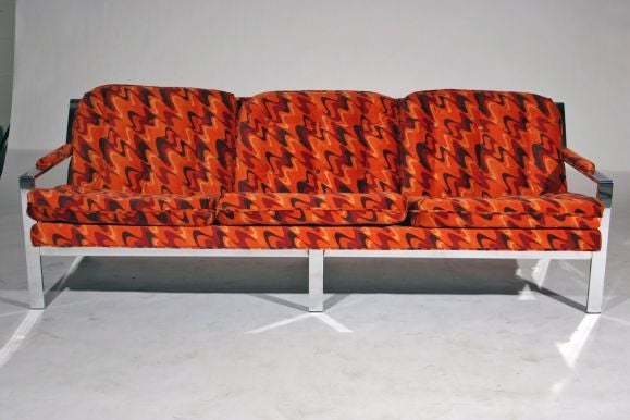 Rare Milo Baughman flatbar chrome sofa upholstered in new fabric