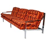 Rare Milo Baughman flatbar chrome sofa upholstered in new fabric