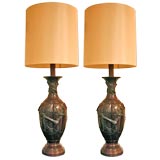 Pair of asian modernist bronze lamps with bird motif