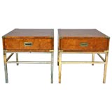 Patchwork burled oak nightstands with brass bases