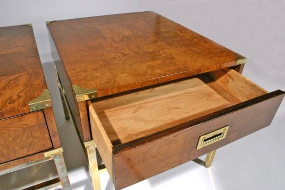 Patchwork burled oak nightstands with brass bases