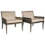 Caned wing chairs with chenille fabric