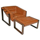 Brazilian leather and mahogany lounge chair and ottoman