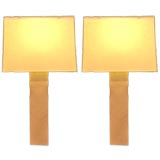 Pair of rectangular travertine lamps with square linen shades