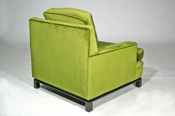 Green velvet club chairs with wood bases 1