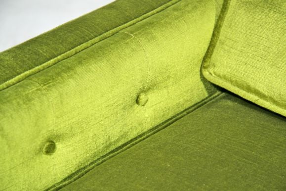 Green velvet club chairs with wood bases 2