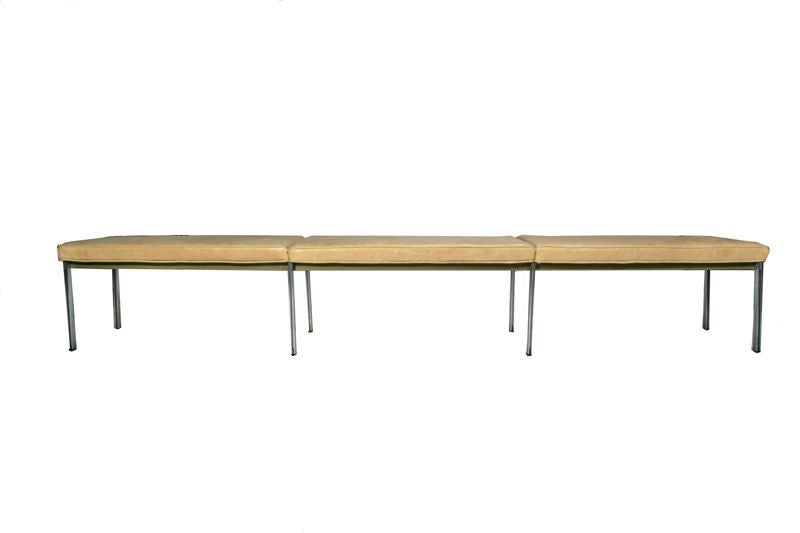 One long parallel bar bench designed by Florence Knoll for Knoll International.  This rare bench came from the University of Utah.  The example depicted is what the bench will look like when reupholstered, COM.