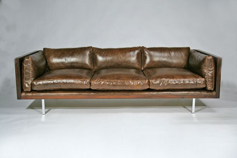 Rosewood case sofa with square chrome legs and brown leather designed by Milo Baughman for Thayer-Coggin. The sofa is newly upholstered in supple brown leather.<br />
Seat depth: 23.5 inches
