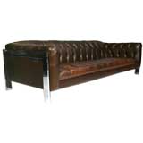 Tufted brown leather and chrome sofa by Milo Baughman