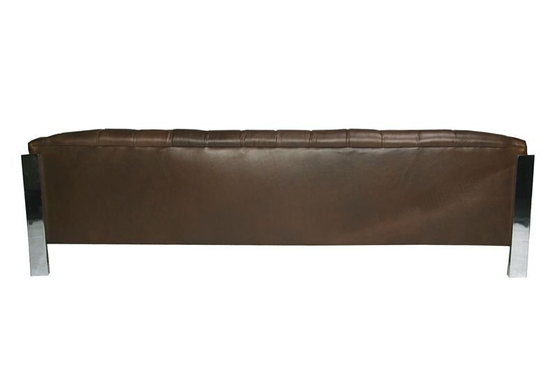American Tufted brown leather and chrome sofa by Milo Baughman