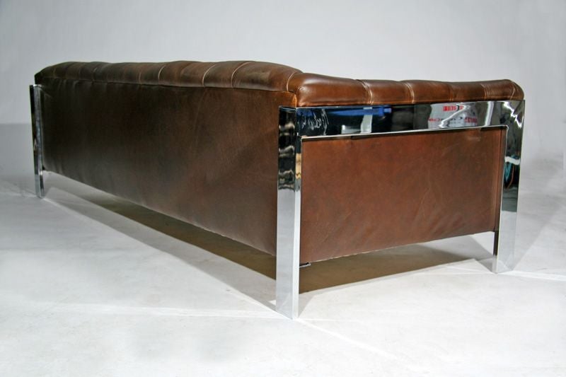 Late 20th Century Tufted brown leather and chrome sofa by Milo Baughman