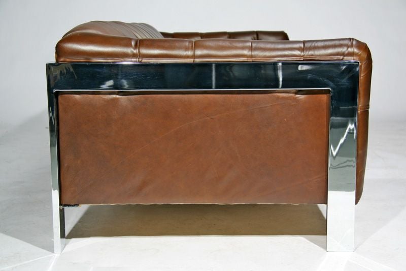 Chrome Tufted brown leather and chrome sofa by Milo Baughman