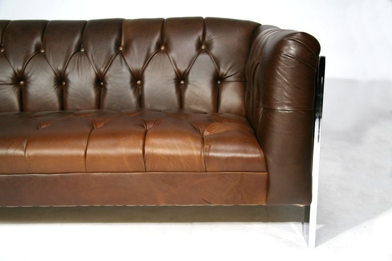 Tufted brown leather and chrome sofa by Milo Baughman 4