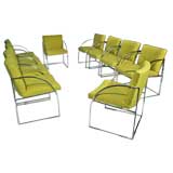 Set of ten curved arm chrome dining chairs by Milo Baughman