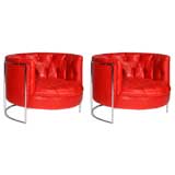 Tufted red leather and chrome tub chairs by Milo Baughman