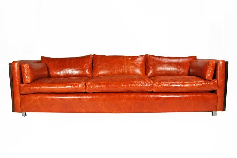 American Rosewood sofa by Milo Baughman in orange distressed leather