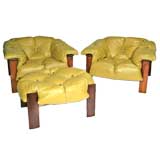 Pair of Brazilian Leather Lounge Chairs & Ottoman