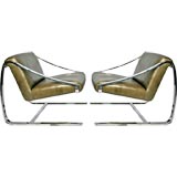 Pair of Solid Stainless Steel Leather Cantilever Lounge Chairs