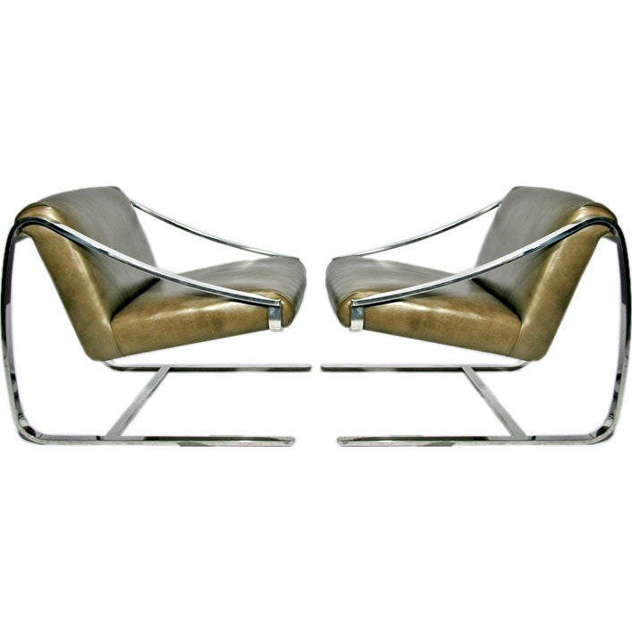 Pair of Solid Stainless Steel Leather Cantilever Lounge Chairs