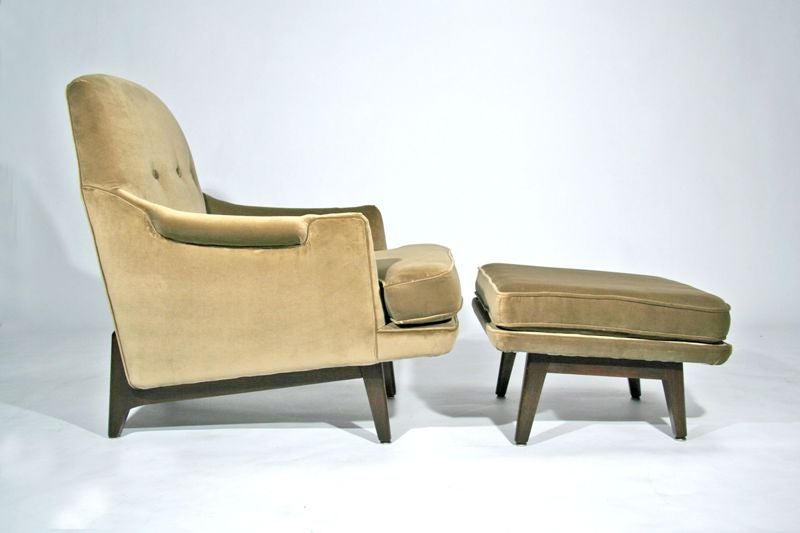 Lounge chair and Ottoman upholstered in subtle purple mohair, designed by Edward Wormley for Dunbar. Seat Depth: 25