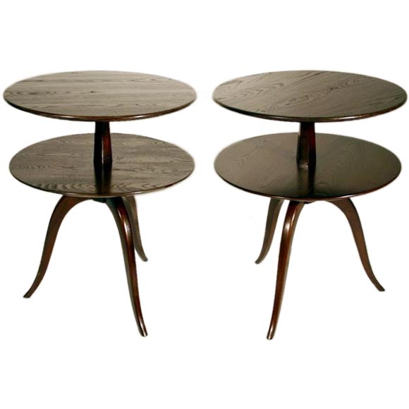 Pair of chocolate tiered end tables by Paul Frankl