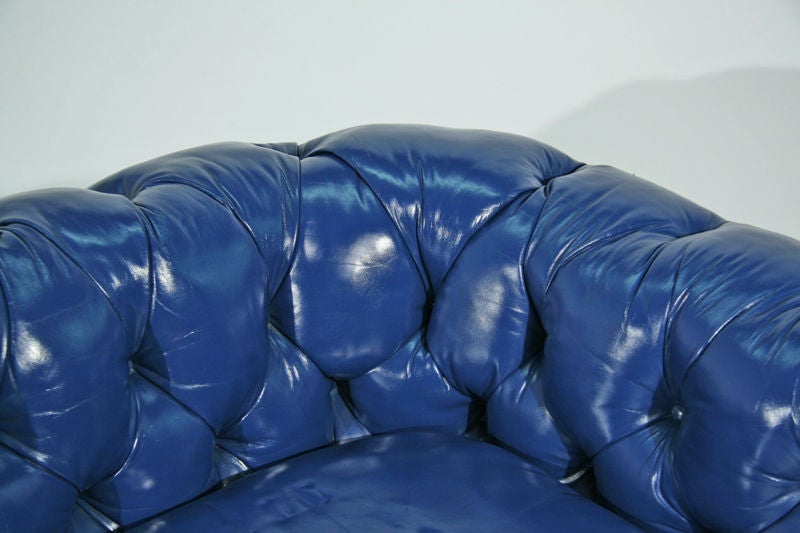 Late 20th Century Bright blue leather chesterfield sectional sofa with ottoman