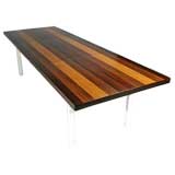 Striped wood dining table with white base by Milo Baughman