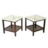 Pair of rosewood slat marble top side tables